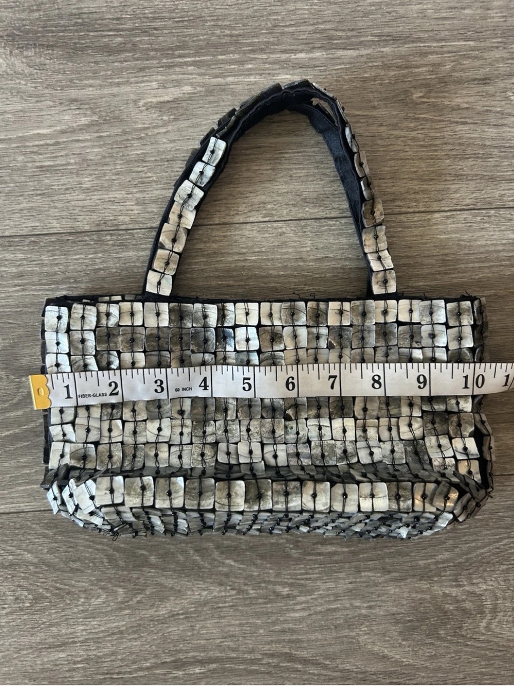 Vintage Y2K Mother of Pearl Shell Tile Handbag Beaded Silver Mini Purse - Picture 6 of 14